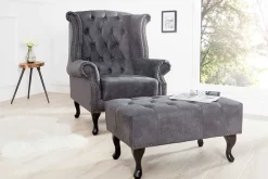 Riess-Ambiente Sessel > Chesterfield Ohrensessel antik grau Microfaser mit Knopfheftung