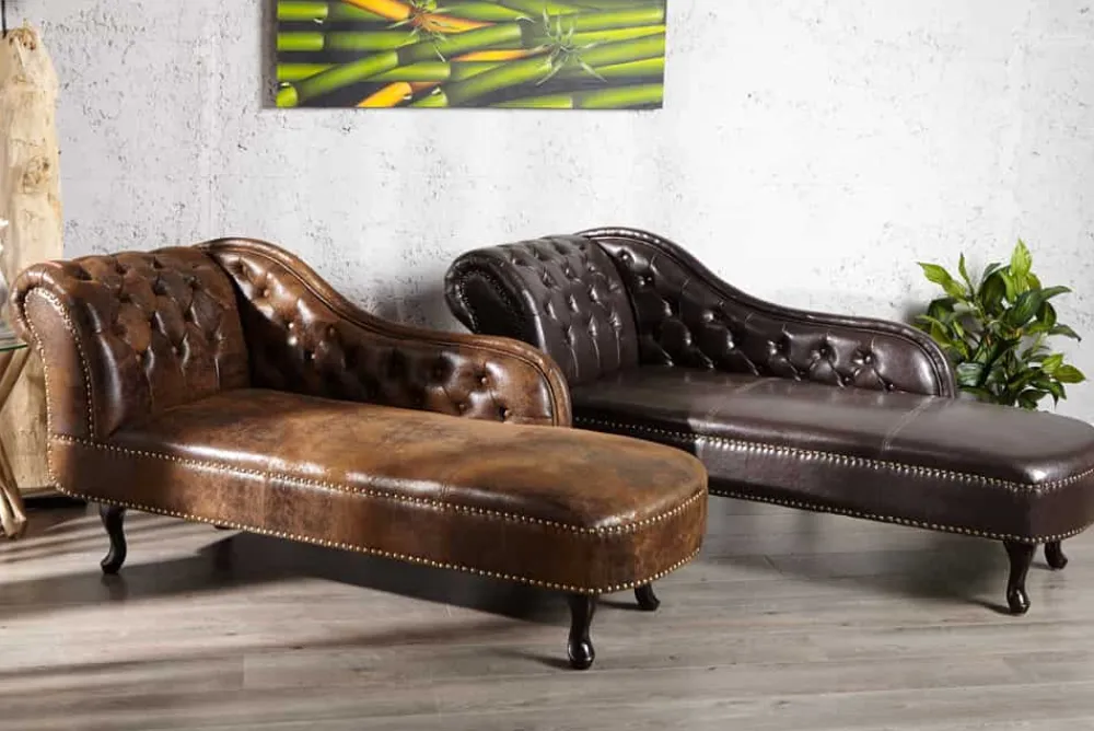 Riess-Ambiente Liegen > Chesterfield Récamière 170cm antik braun mit Knopfheftung und Nietenbesatz