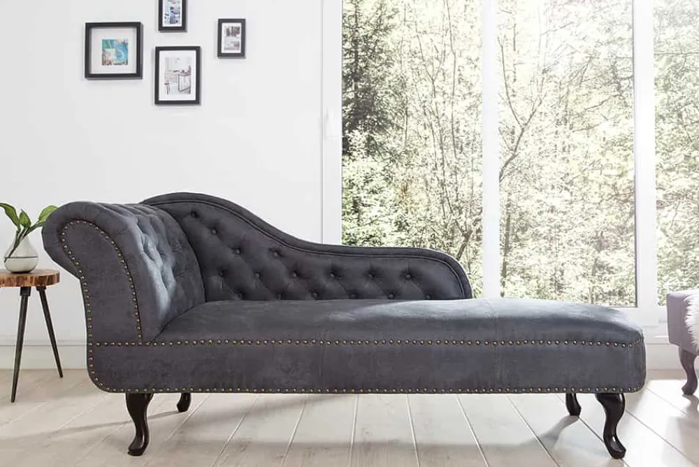 Riess-Ambiente Liegen > Chesterfield Récamière 170cm antik grau mit Knopfheftung und Nietenbesatz