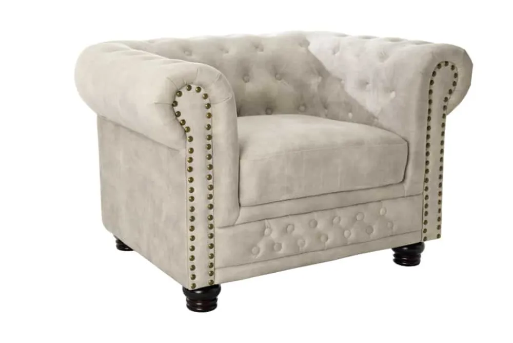 Riess-Ambiente Sessel|Samt Möbel > Chesterfield Sessel 110cm Samt champagner beige mit Knopfheftung und Federkern