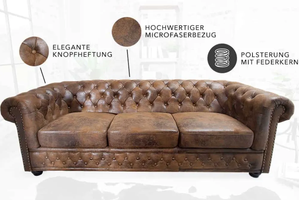 Riess-Ambiente 3-Sitzer Sofa > Chesterfield 3-Sitzer Sofa 205cm antik braun Microfaser Federkern Knopfheftung