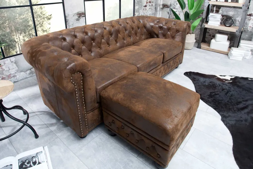 Riess-Ambiente 3-Sitzer Sofa > Chesterfield 3-Sitzer Sofa 205cm antik braun Microfaser Federkern Knopfheftung