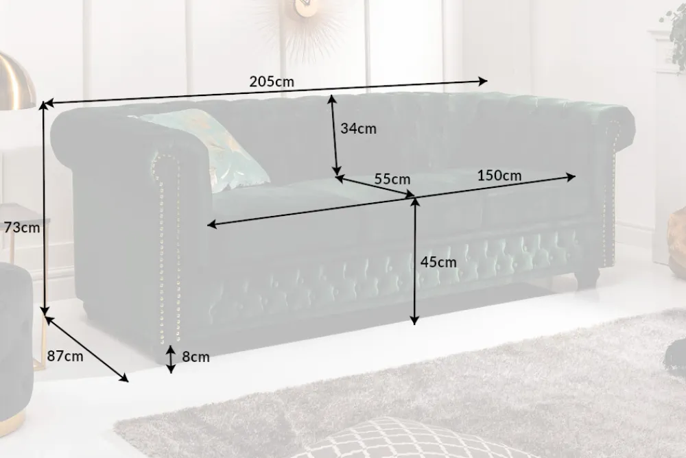 Riess-Ambiente Samt Möbel|3-Sitzer Sofa > Chesterfield 3-Sitzer Sofa 205cm flaschengrün Samt Federkern Knopfheftung