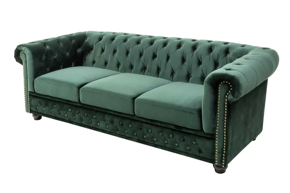 Riess-Ambiente Samt Möbel|3-Sitzer Sofa > Chesterfield 3-Sitzer Sofa 205cm flaschengrün Samt Federkern Knopfheftung
