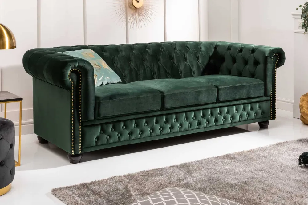 Riess-Ambiente Samt Möbel|3-Sitzer Sofa > Chesterfield 3-Sitzer Sofa 205cm flaschengrün Samt Federkern Knopfheftung