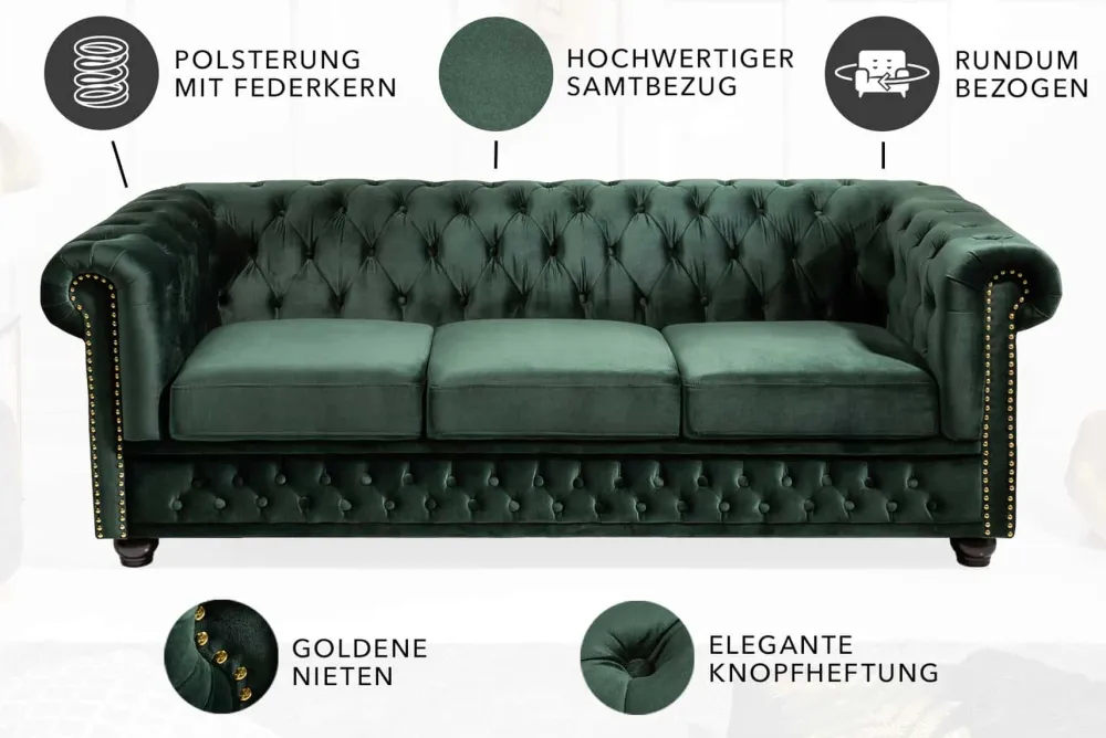 Riess-Ambiente Samt Möbel|3-Sitzer Sofa > Chesterfield 3-Sitzer Sofa 205cm flaschengrün Samt Federkern Knopfheftung