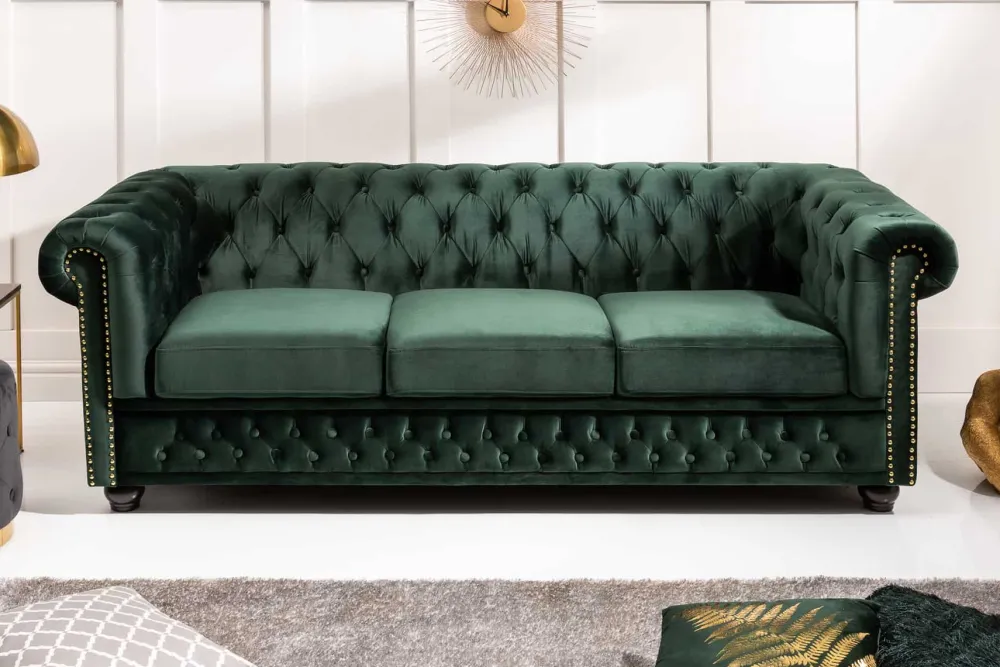 Riess-Ambiente Samt Möbel|3-Sitzer Sofa > Chesterfield 3-Sitzer Sofa 205cm flaschengrün Samt Federkern Knopfheftung