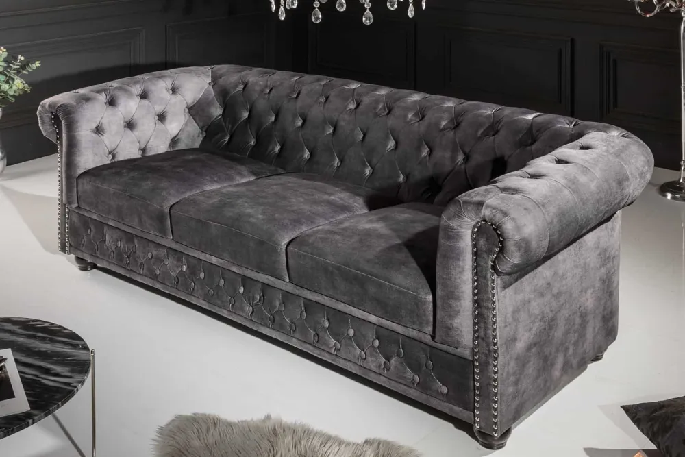 Riess-Ambiente Samt Möbel|3-Sitzer Sofa > Chesterfield 3-Sitzer Sofa 205cm grau Samt Federkern Knopfheftung