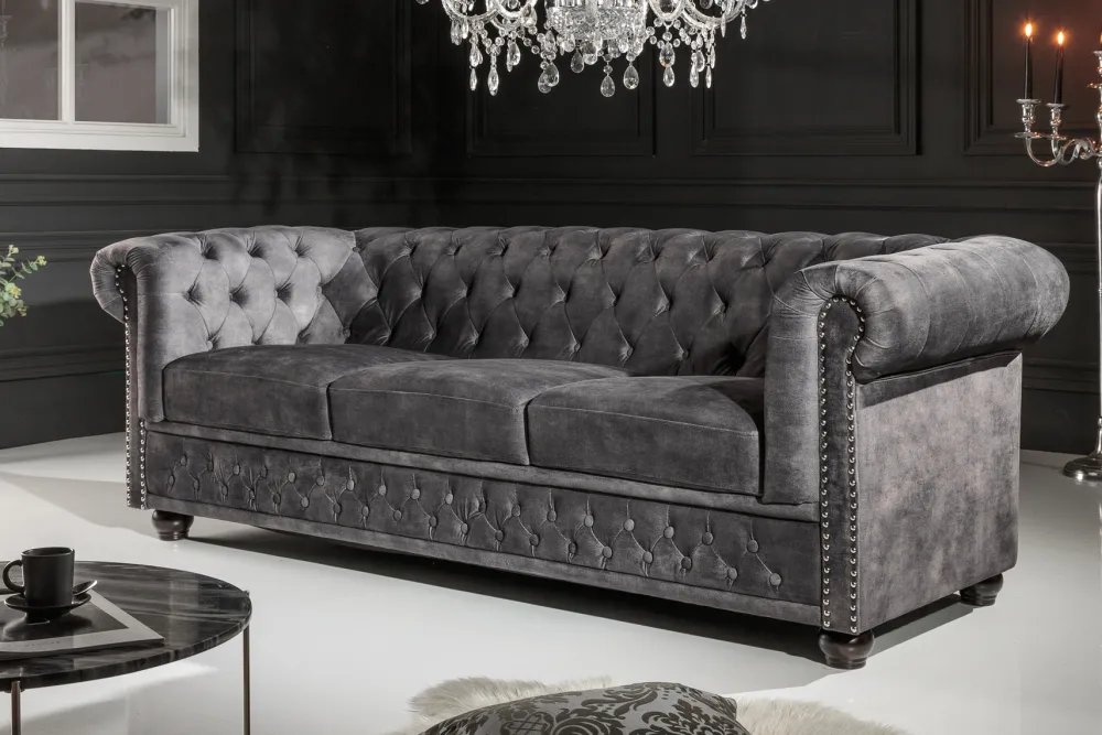 Riess-Ambiente Samt Möbel|3-Sitzer Sofa > Chesterfield 3-Sitzer Sofa 205cm grau Samt Federkern Knopfheftung