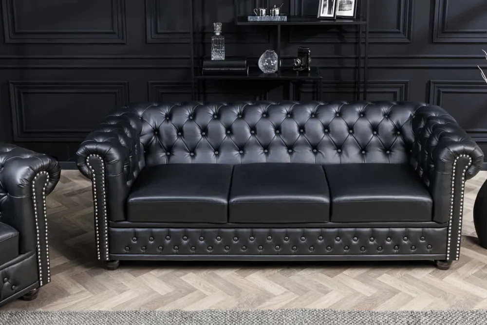 Riess-Ambiente 3-Sitzer Sofa > Chesterfield 3-Sitzer Sofa 205cm schwarz Nietenbesatz Federkern