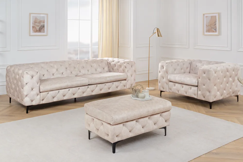 Riess-Ambiente Samt Möbel|3-Sitzer Sofa > Chesterfield 3-Sitzer Sofa MODERN BAROCK 235cm champagner beige Samt Federkern
