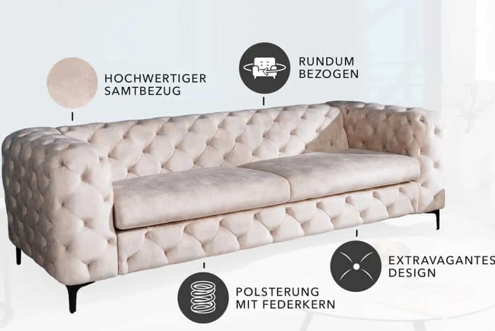 Riess-Ambiente Samt Möbel|3-Sitzer Sofa > Chesterfield 3-Sitzer Sofa MODERN BAROCK 235cm champagner beige Samt Federkern