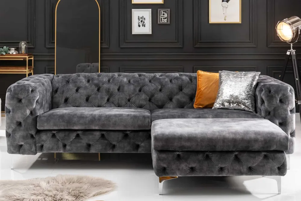 Riess-Ambiente Samt Möbel|Retro Möbel > Chesterfield 3-Sitzer Sofa MODERN BAROCK 235cm dunkelgrau Samt Federkern Metallfüße