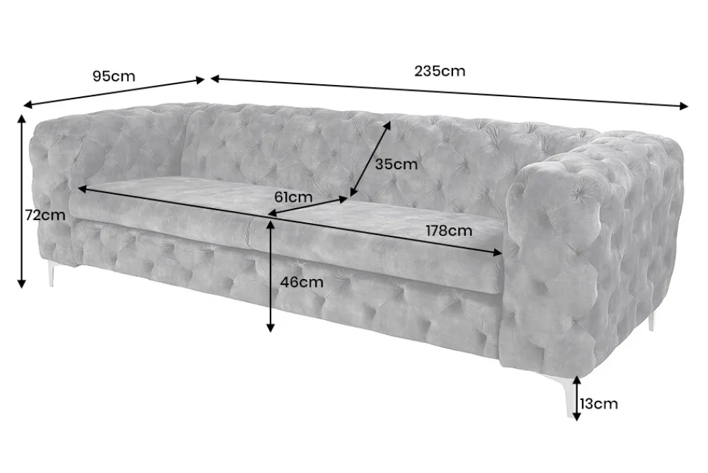 Riess-Ambiente Samt Möbel|Retro Möbel > Chesterfield 3-Sitzer Sofa MODERN BAROCK 235cm dunkelgrau Samt Federkern Metallfüße