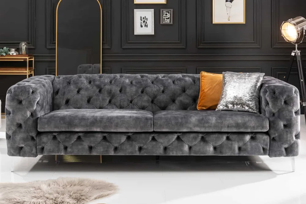 Riess-Ambiente Samt Möbel|Retro Möbel > Chesterfield 3-Sitzer Sofa MODERN BAROCK 235cm dunkelgrau Samt Federkern Metallfüße