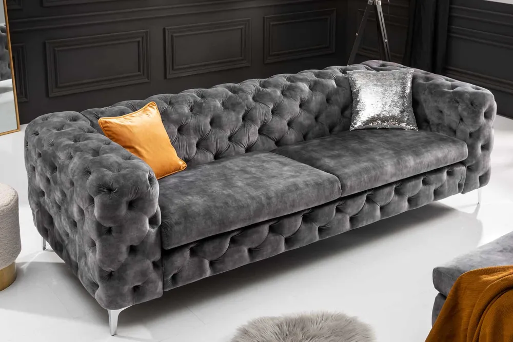 Riess-Ambiente Samt Möbel|Retro Möbel > Chesterfield 3-Sitzer Sofa MODERN BAROCK 235cm dunkelgrau Samt Federkern Metallfüße