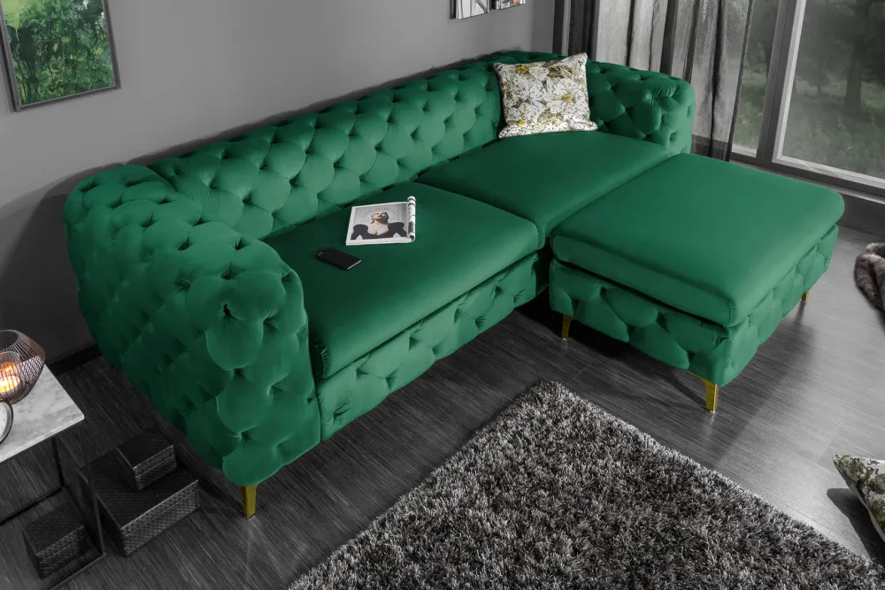 Riess-Ambiente Samt Möbel|3-Sitzer Sofa > Chesterfield 3-Sitzer Sofa MODERN BAROCK 235cm smaragdgrün Samt Federkern gold Metallfüße