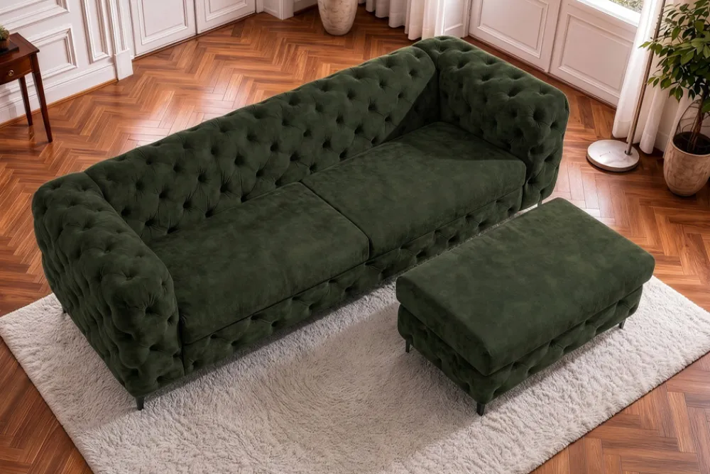 Riess-Ambiente Sitzhocker|Samt Möbel > Chesterfield Sitzhocker MODERN BAROCK 95cm grün Samt Fußhocker