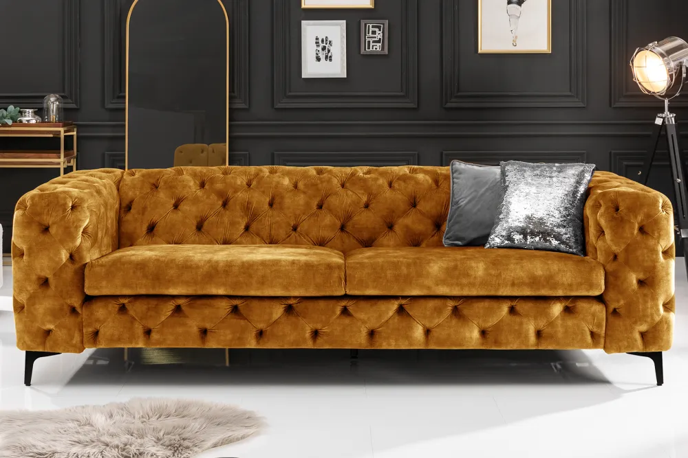 Riess-Ambiente Samt Möbel|3-Sitzer Sofa > Chesterfield Sofa MODERN BAROCK 235cm senfgelb Samt 3-Sitzer Couch Federkern