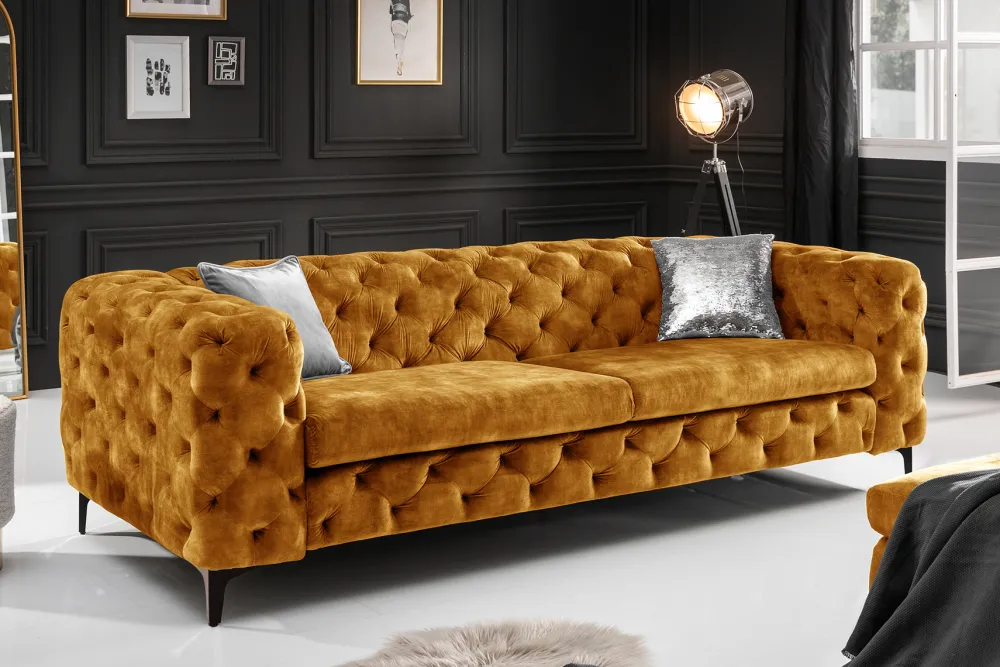 Riess-Ambiente Samt Möbel|3-Sitzer Sofa > Chesterfield Sofa MODERN BAROCK 235cm senfgelb Samt 3-Sitzer Couch Federkern