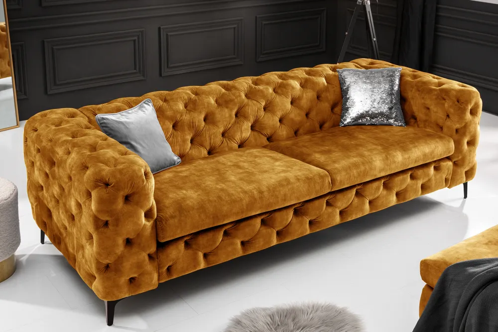 Riess-Ambiente Samt Möbel|3-Sitzer Sofa > Chesterfield Sofa MODERN BAROCK 235cm senfgelb Samt 3-Sitzer Couch Federkern