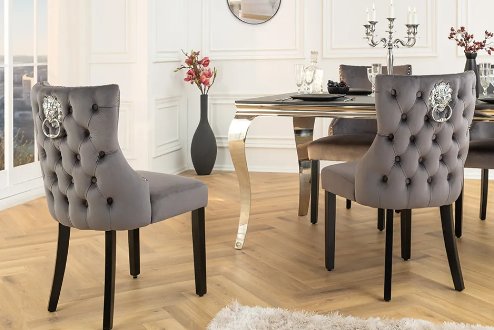 Riess-Ambiente Stühle|Samt Möbel > Chesterfield Stuhl CASTLE DELUXE grau Samt mit Löwenkopf Nieten