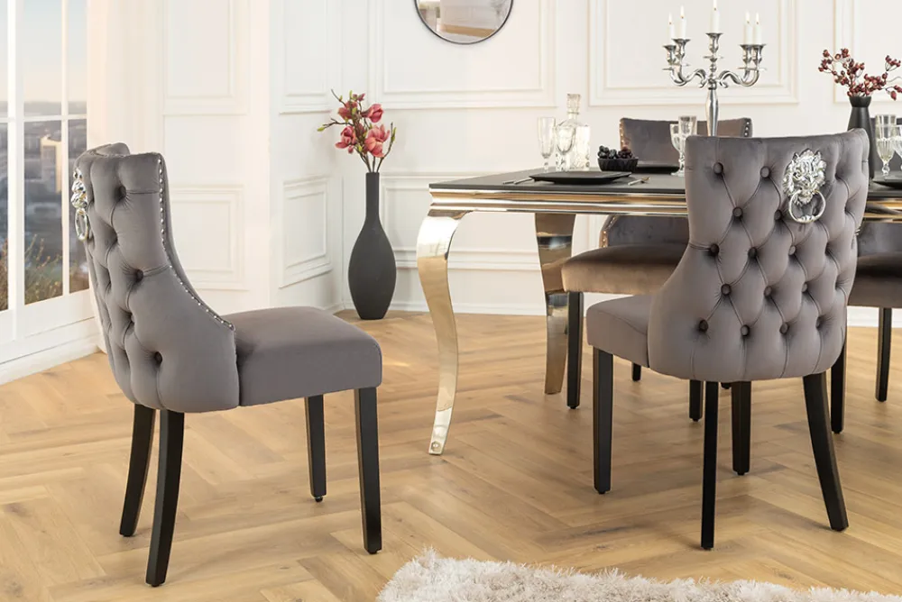 Riess-Ambiente Stühle|Samt Möbel > Chesterfield Stuhl CASTLE DELUXE grau Samt mit Löwenkopf Nieten