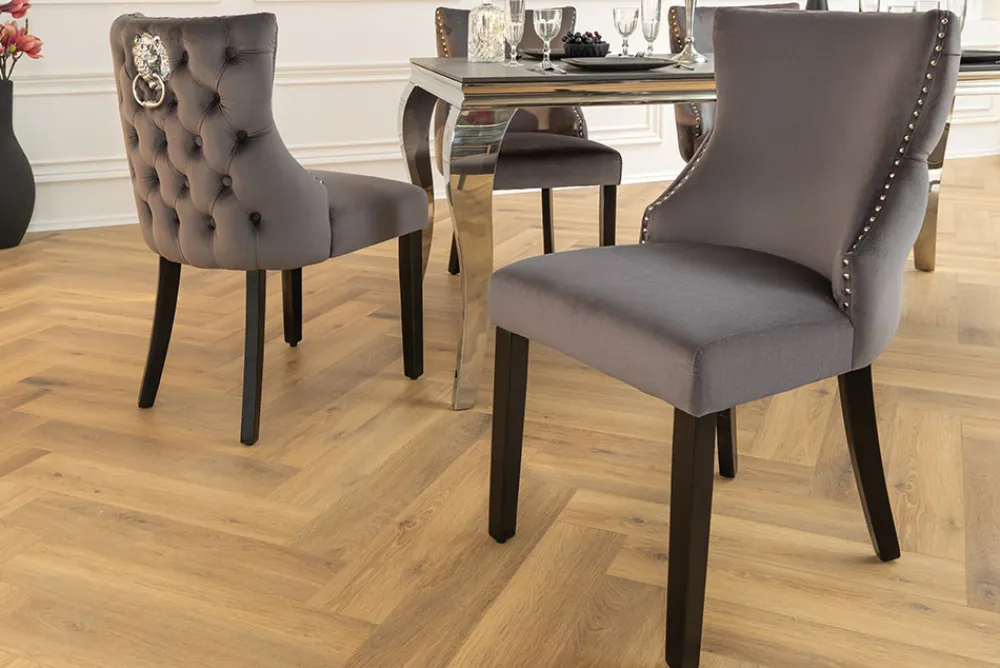 Riess-Ambiente Stühle|Samt Möbel > Chesterfield Stuhl CASTLE DELUXE grau Samt mit Löwenkopf Nieten