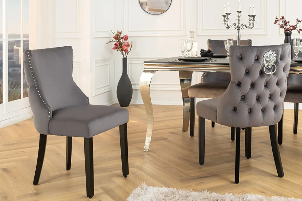 Riess-Ambiente Stühle|Samt Möbel > Chesterfield Stuhl CASTLE DELUXE grau Samt mit Löwenkopf Nieten