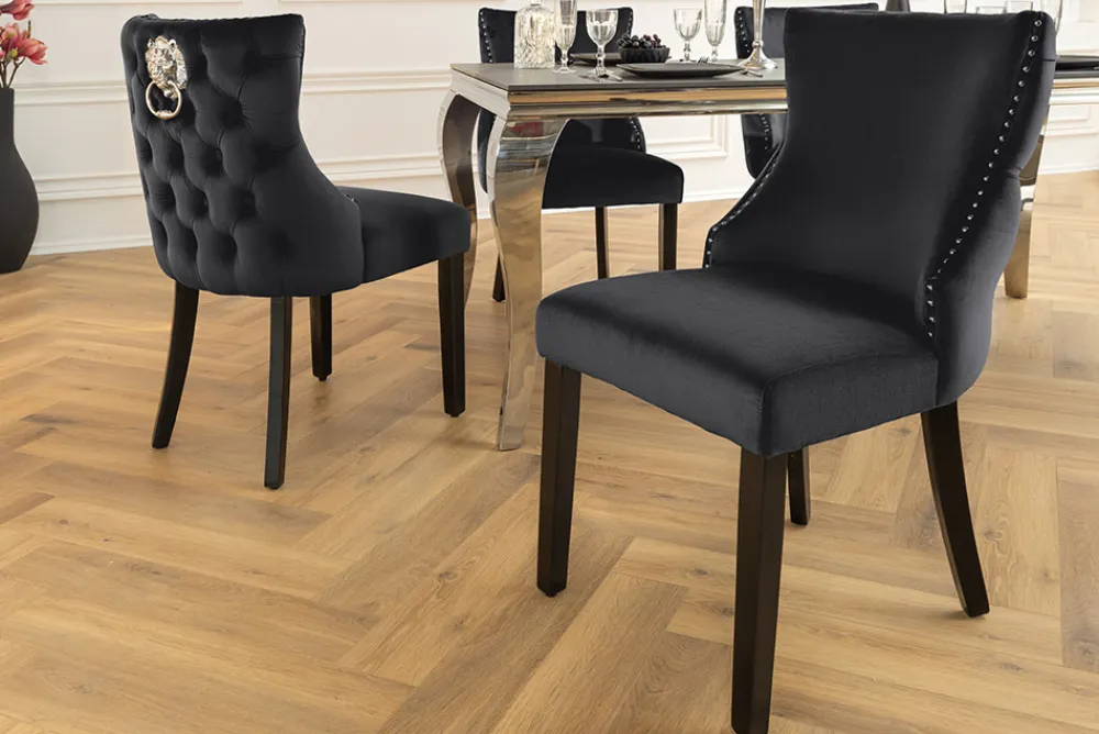 Riess-Ambiente Stühle|Samt Möbel > Chesterfield Stuhl CASTLE DELUXE schwarz Samt mit Löwenkopf Nieten