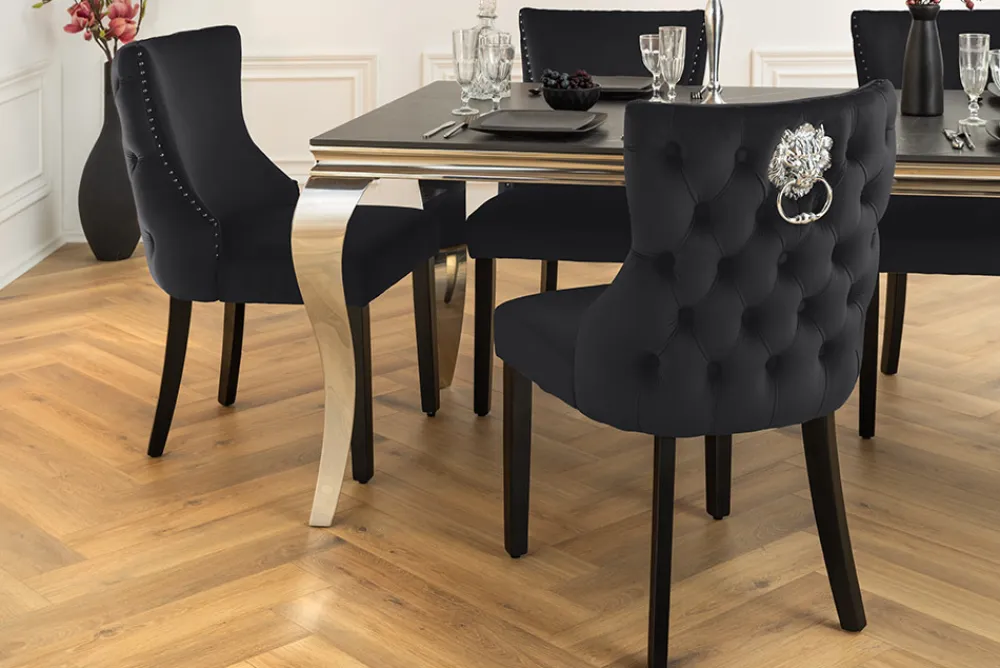 Riess-Ambiente Stühle|Samt Möbel > Chesterfield Stuhl CASTLE DELUXE schwarz Samt mit Löwenkopf Nieten