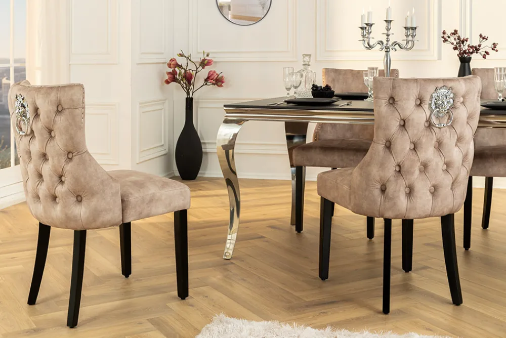 Riess-Ambiente Stühle|Samt Möbel > Chesterfield Stuhl CASTLE DELUXE beige Samt mit Löwenkopf Nieten