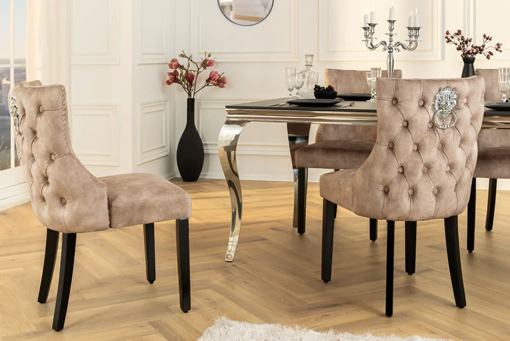 Riess-Ambiente Stühle|Samt Möbel > Chesterfield Stuhl CASTLE DELUXE beige Samt mit Löwenkopf Nieten