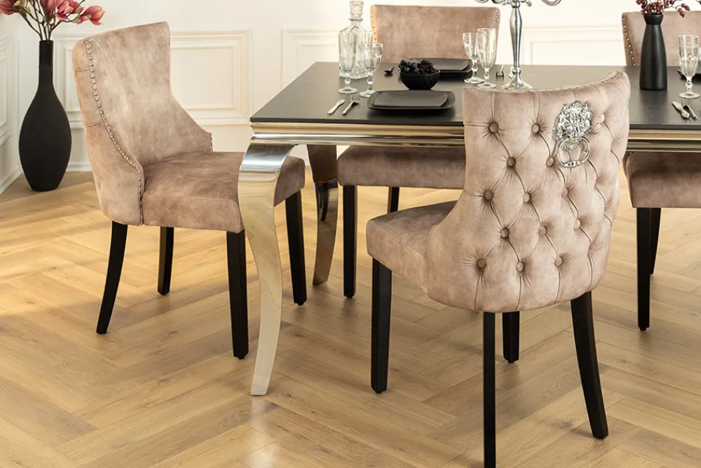 Riess-Ambiente Stühle|Samt Möbel > Chesterfield Stuhl CASTLE DELUXE beige Samt mit Löwenkopf Nieten