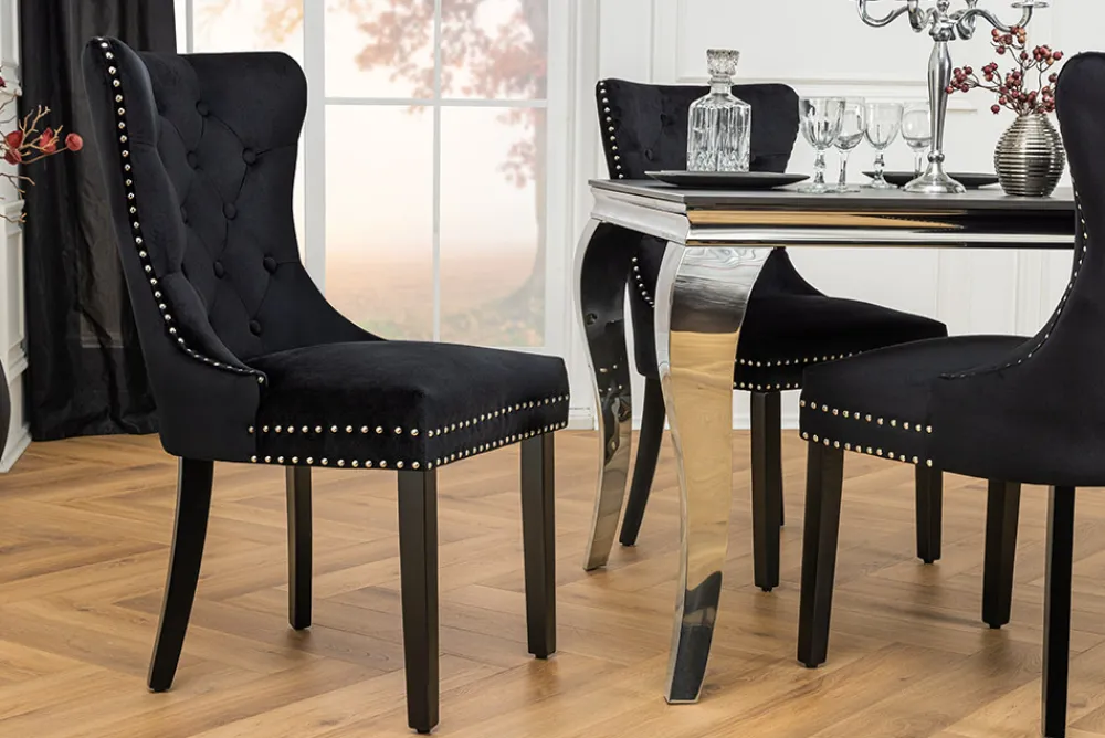 Riess-Ambiente Stühle|Samt Möbel > Chesterfield Stuhl CASTLE schwarz Samt Massivholz Ziernieten mit Komfortgriff