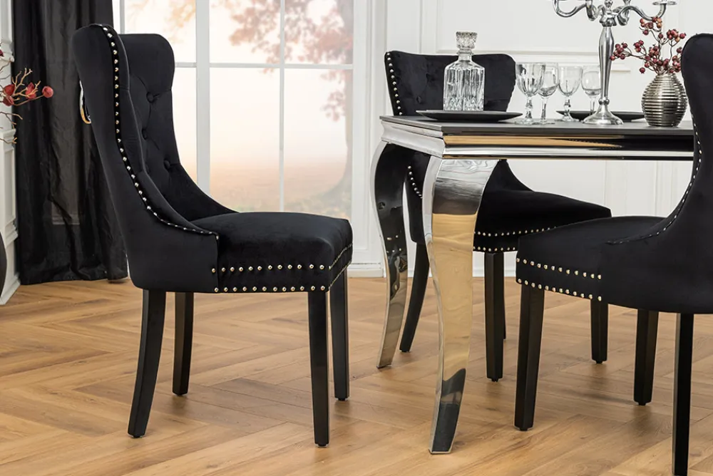 Riess-Ambiente Stühle|Samt Möbel > Chesterfield Stuhl CASTLE schwarz Samt Massivholz Ziernieten mit Komfortgriff