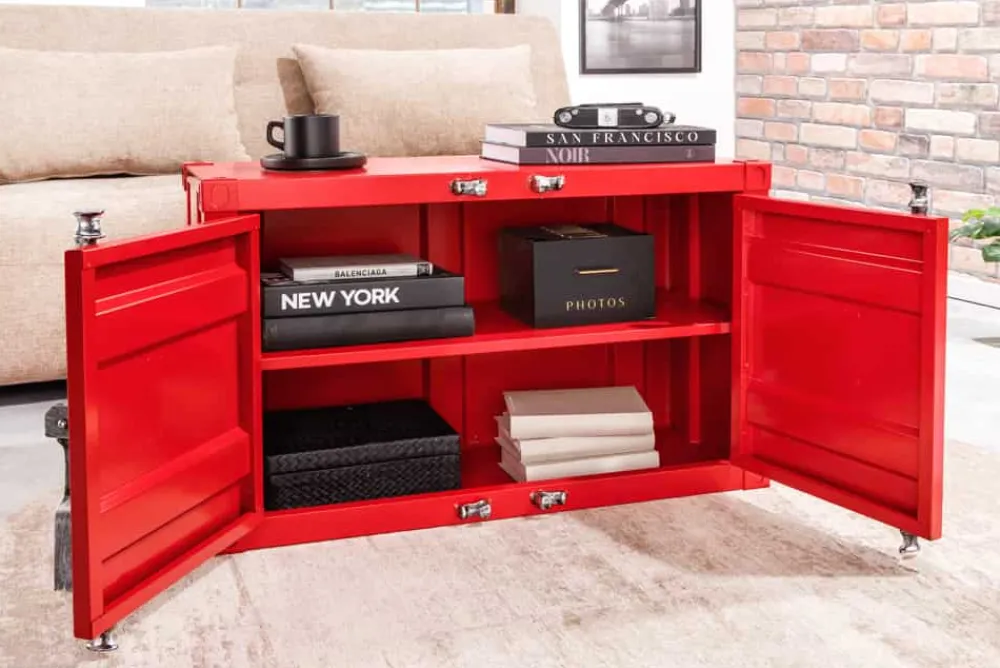 Riess-Ambiente Industrial Loft|Tv- & Lowboards > Container-Schrank GLOBETROTTER 80cm rot Metall Couchtisch mit Flügeltüren Kommode