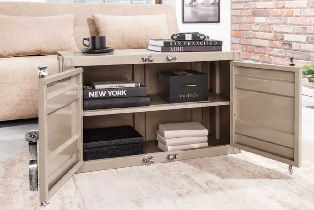 Riess-Ambiente Industrial Loft|Tv- & Lowboards > Container-Schrank GLOBETROTTER 80cm greige Metall Couchtisch mit Flügeltüren Kommode