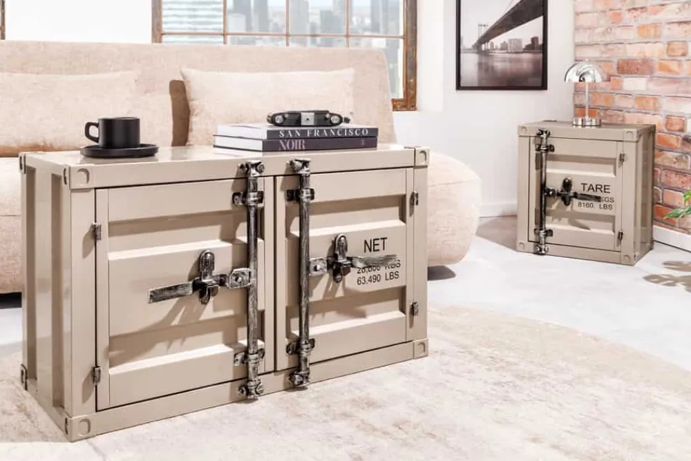 Riess-Ambiente Industrial Loft|Tv- & Lowboards > Container-Schrank GLOBETROTTER 80cm greige Metall Couchtisch mit Flügeltüren Kommode