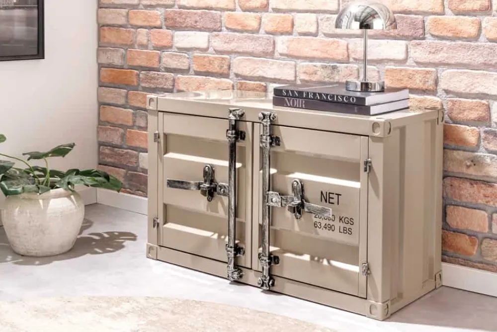 Riess-Ambiente Industrial Loft|Tv- & Lowboards > Container-Schrank GLOBETROTTER 80cm greige Metall Couchtisch mit Flügeltüren Kommode
