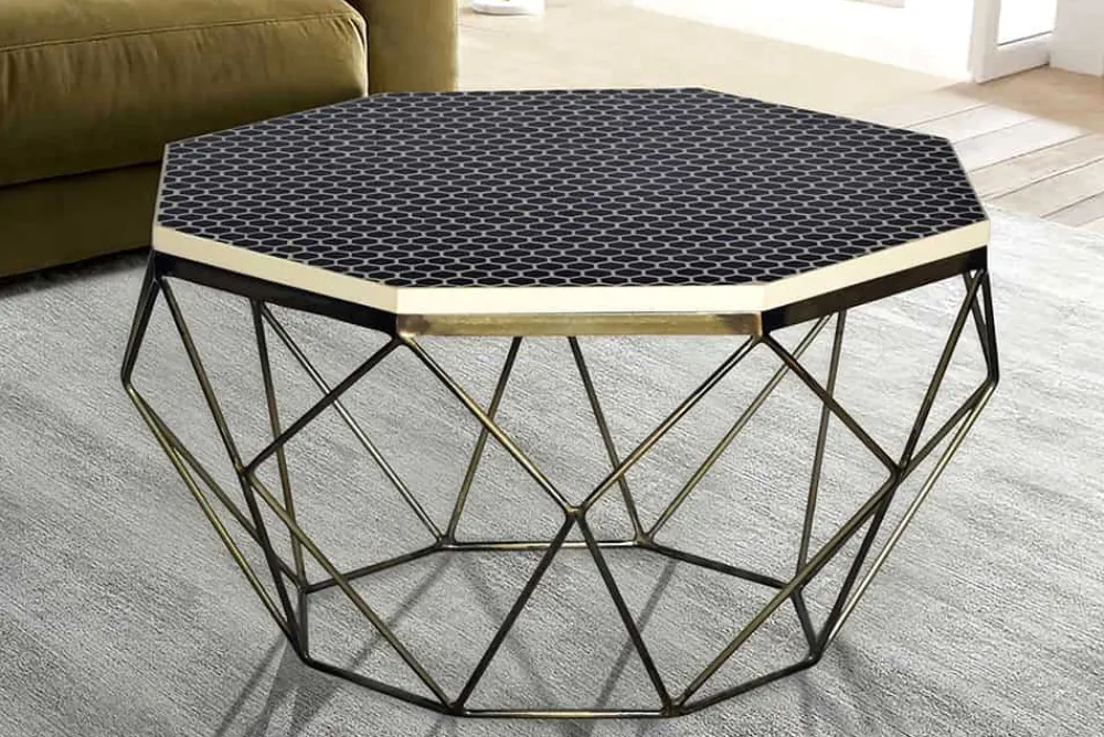 Riess-Ambiente Goldene Möbel|Couchtische & Truhen > Couchtisch DIAMOND 70cm schwarz weiß messing Mosaik Kunsthandwerk