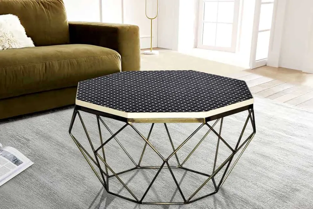 Riess-Ambiente Goldene Möbel|Couchtische & Truhen > Couchtisch DIAMOND 70cm schwarz weiß messing Mosaik Kunsthandwerk