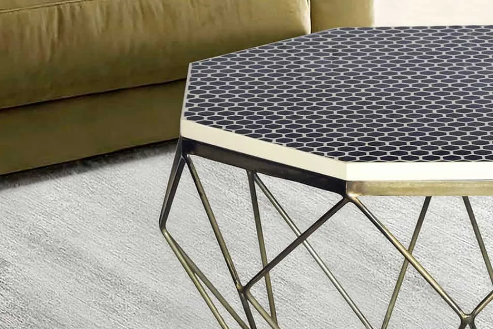 Riess-Ambiente Goldene Möbel|Couchtische & Truhen > Couchtisch DIAMOND 70cm schwarz weiß messing Mosaik Kunsthandwerk
