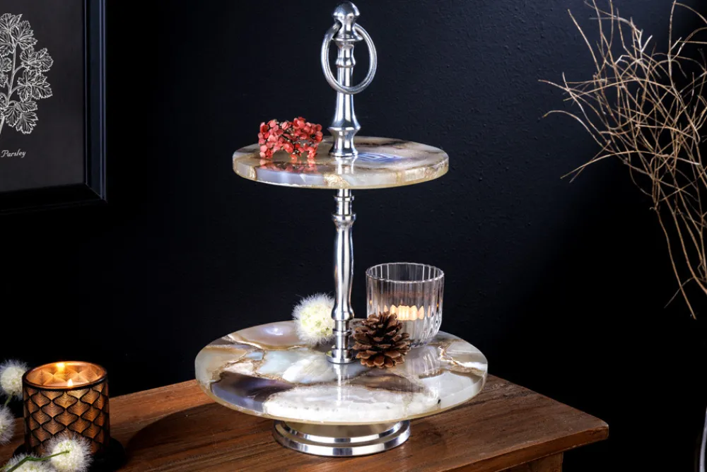 Riess-Ambiente Etageren & Tabletts > Deko Etagere NOBLE 35cm silber Edelstein handmade Achat Quarz Aluminium