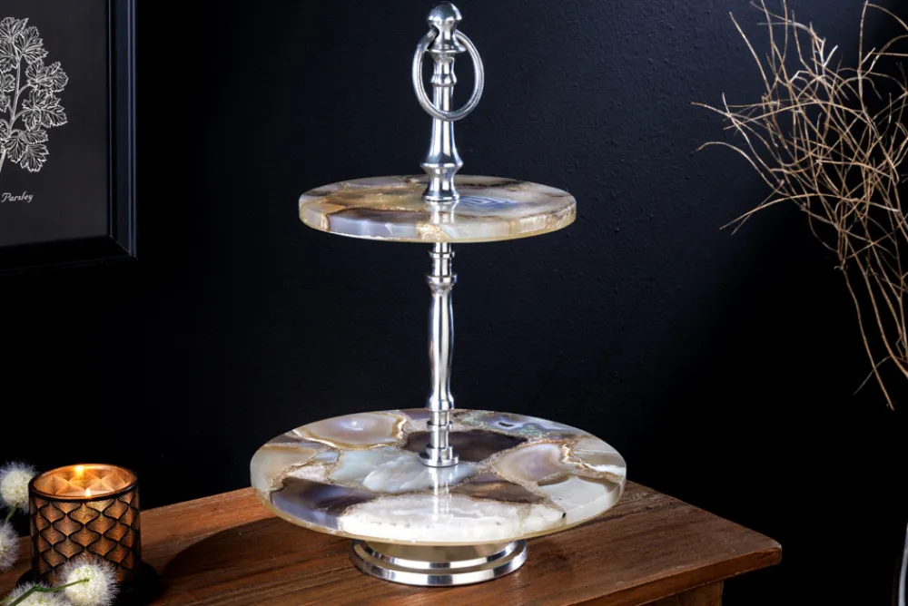 Riess-Ambiente Etageren & Tabletts > Deko Etagere NOBLE 35cm silber Edelstein handmade Achat Quarz Aluminium