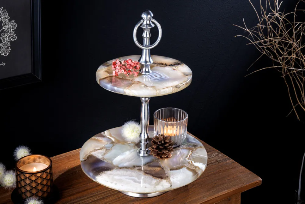 Riess-Ambiente Etageren & Tabletts > Deko Etagere NOBLE 35cm silber Edelstein handmade Achat Quarz Aluminium