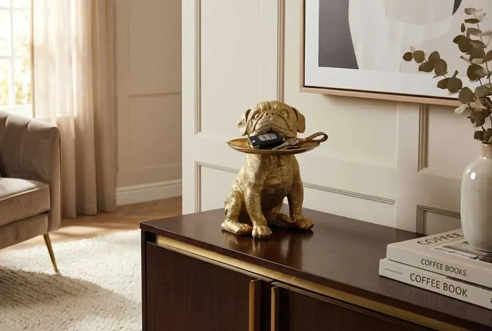Riess-Ambiente Dekoration|Goldene Möbel > Deko-Figur BULLDOG 35cm gold Spardose mit Ablageplatte handmade