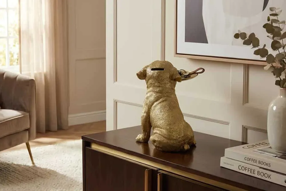 Riess-Ambiente Dekoration|Goldene Möbel > Deko-Figur BULLDOG 35cm gold Spardose mit Ablageplatte handmade