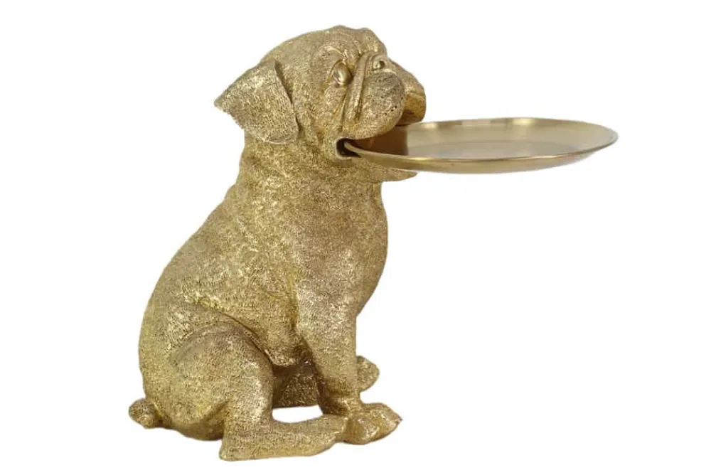 Riess-Ambiente Dekoration|Goldene Möbel > Deko-Figur BULLDOG 35cm gold Spardose mit Ablageplatte handmade