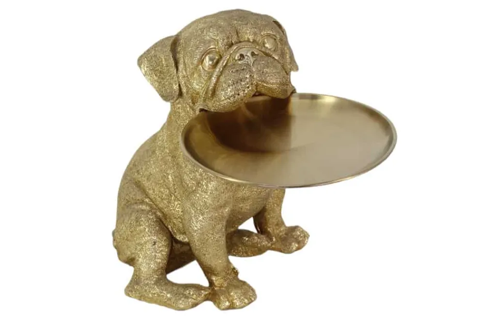 Riess-Ambiente Dekoration|Goldene Möbel > Deko-Figur BULLDOG 35cm gold Spardose mit Ablageplatte handmade
